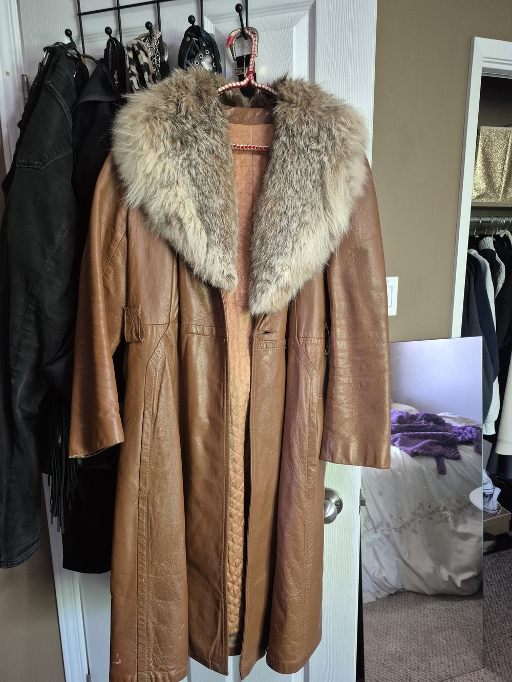 Lony G Vintage Brown Leather Coat with Fur Collar